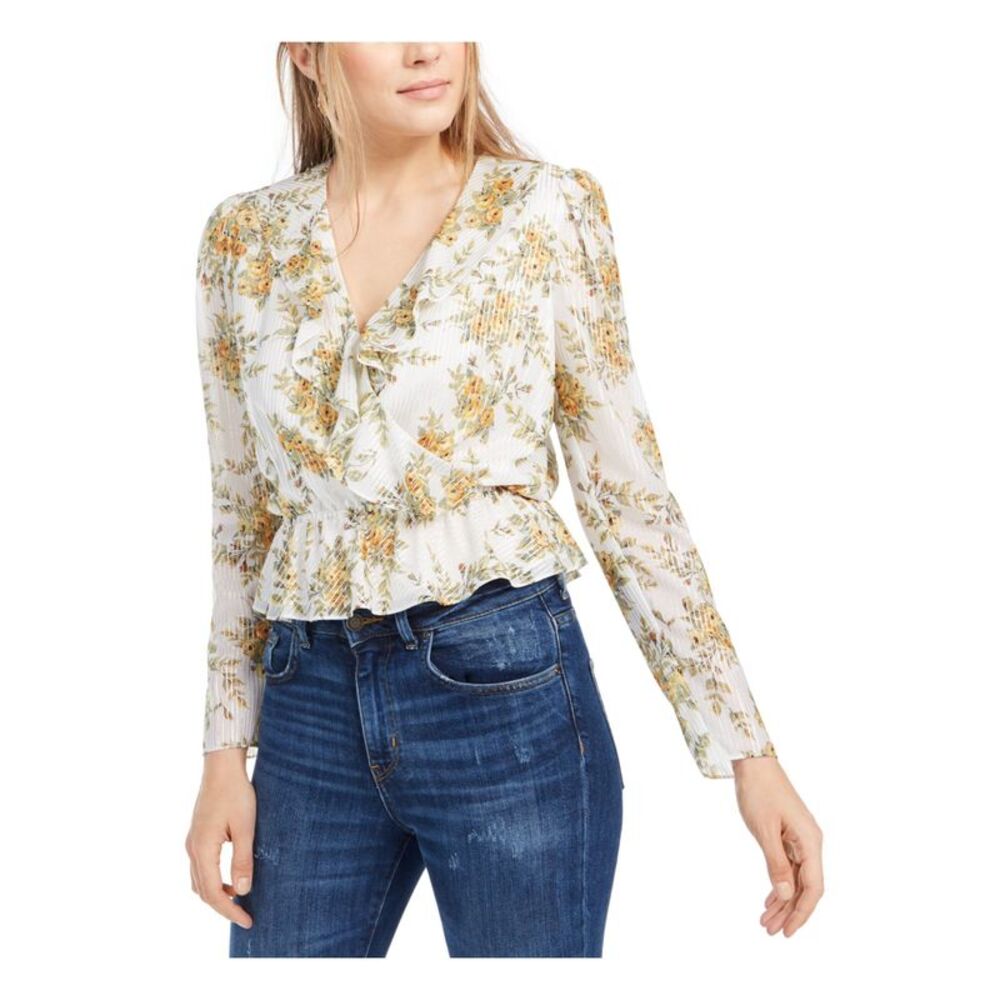LEYDEN Womens White Ruffled Floral Long Sleeve V Neck Top XL